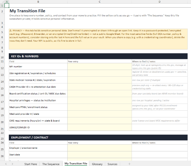 The My Transition File tab: a fillable vault for your NPI, DEA, license, CAQH, contract, and key contacts